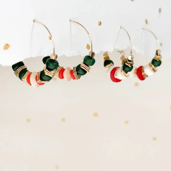 Boho Hoop Earrings Green Stone Beaded Gold Hoops Coral Ivory | Artisan Style - Picture 2 of 10